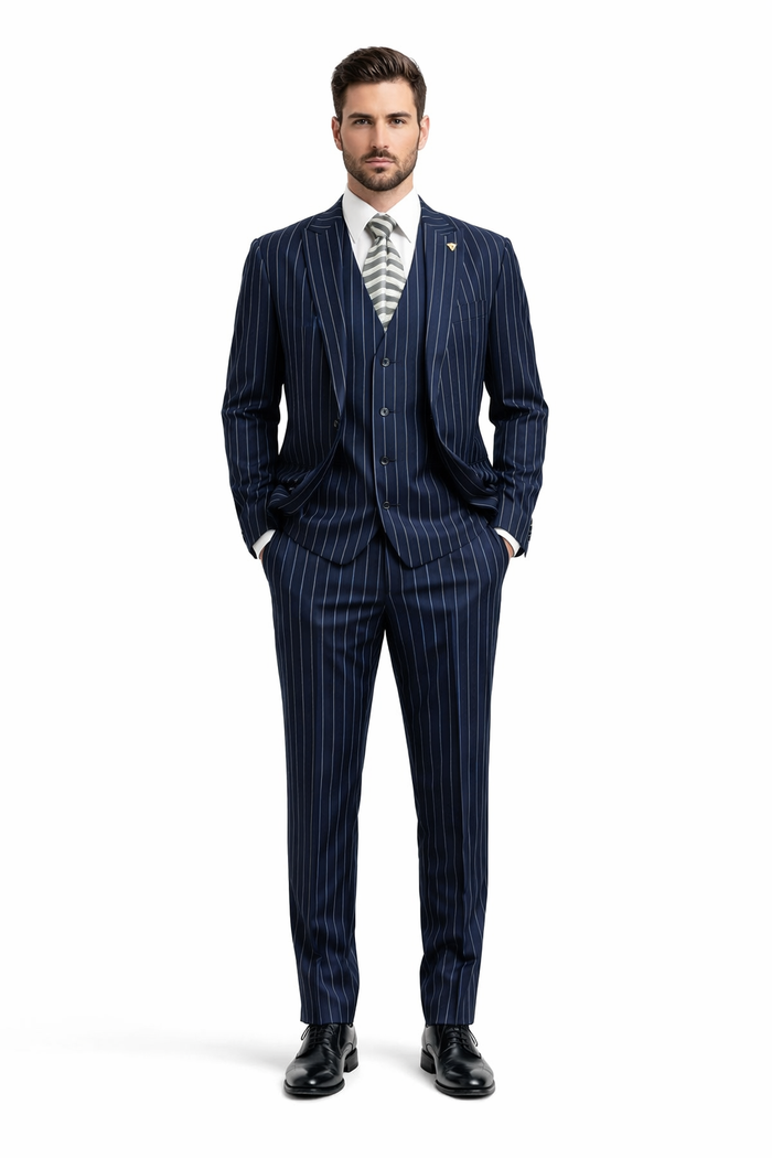 Gangster Suit - Mobster Suit - Mafia Suit For Mens 2 Button Gangster Pinstripe Suit in Navy