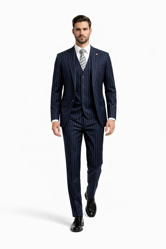 Gangster Suit - Mobster Suit - Mafia Suit For Mens 2 Button Gangster Pinstripe Suit in Navy