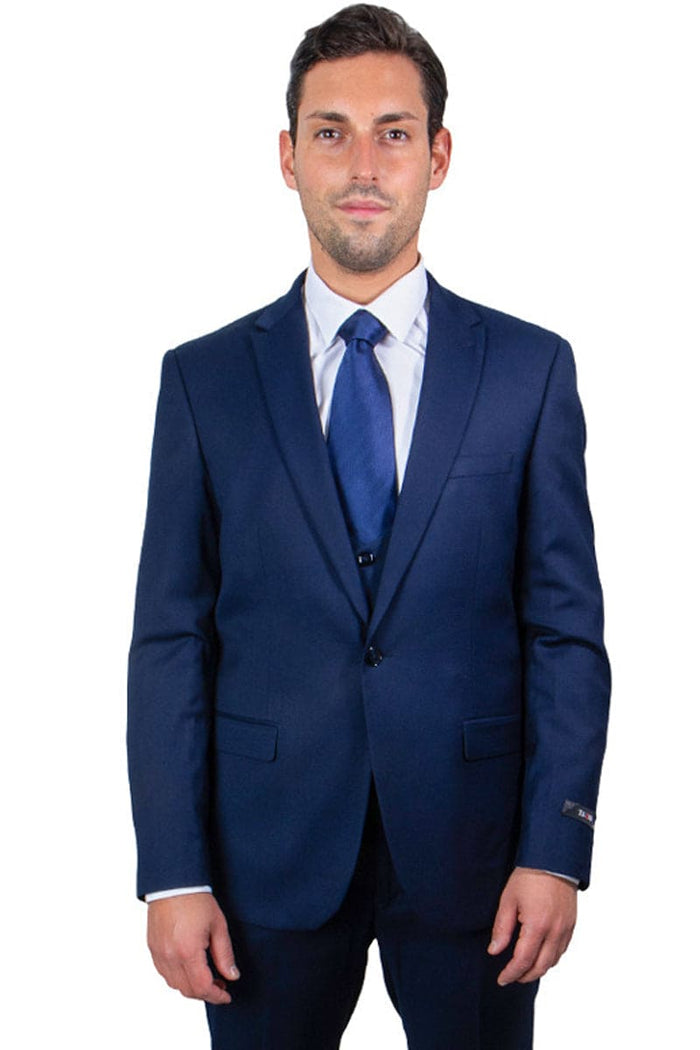 "Navy Blue Men's Skinny Wedding & Prom 2026 Suit with One Button Peak Lapel & Lowcut Vest"