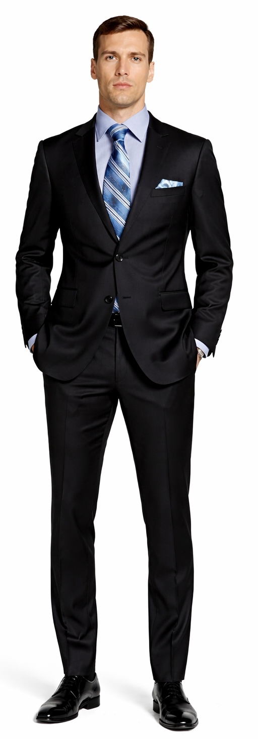 Giorgio Fiorelli black suit with French blue shirt and striped tie. Fitted black jacket with notched lapel and two buttons, paired with matching trousers. Premium fabric, structured silhouette, tailored look.
