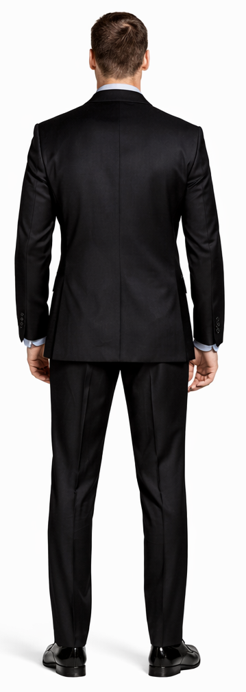 Giorgio Fiorelli black suit with French blue accents. Tailored black jacket, notched lapel, two buttons. Matching trousers, structured fit, and a sleek silhouette. Sharp, clean lines emphasized.
