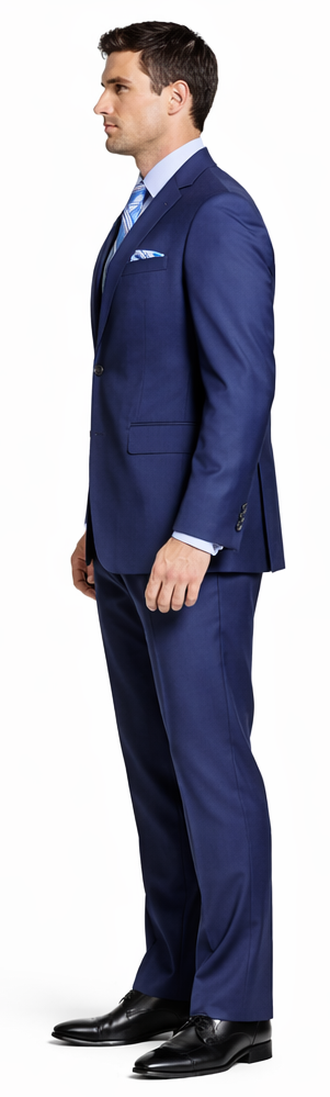 Giorgio Fiorelli black suit: Tailored fit, two-button, notched lapel, side pockets. Solid French blue. Smooth, structured fabric. Matching trousers, streamlined silhouette, tapered ankle.
