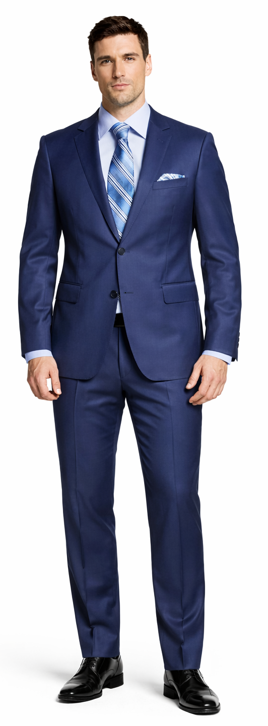 Giorgio Fiorelli by Albertonardoni: Black & French blue two-button suit. Sleek blazer with notched lapel, two pockets, and single-breasted closure. Tailored, straight-cut trousers. Solid French blue with satin finish.
