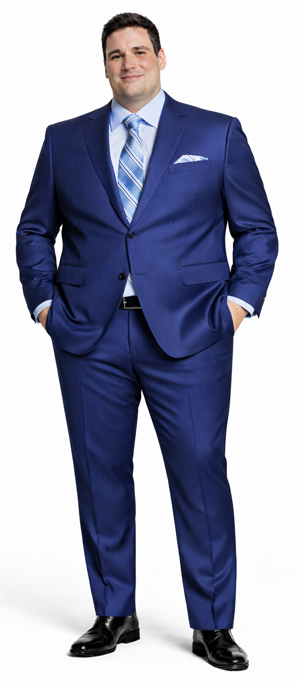 French blue two-button suit with structured jacket, notch lapels, and straight-cut trousers. Paired with a light blue shirt, striped tie, and patterned pocket square. Polished, formal attire.
