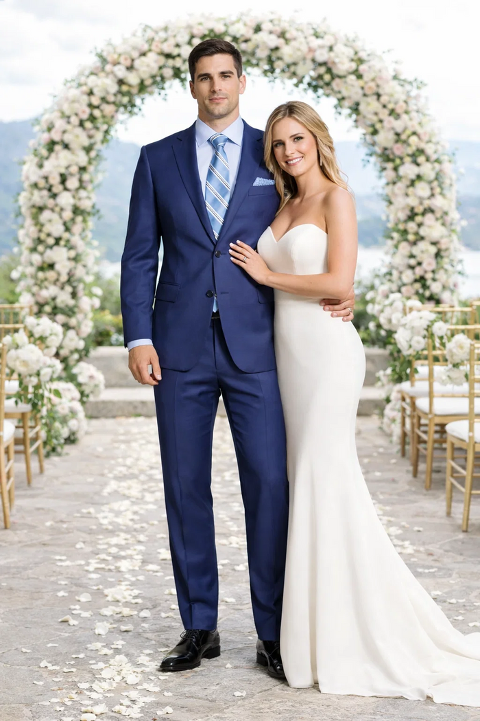Giorgio Fiorelli suit: Black, tailored fit with French blue accents. Two-button, single-breasted jacket, notch lapels, straight-leg trousers. Smooth fabric.
