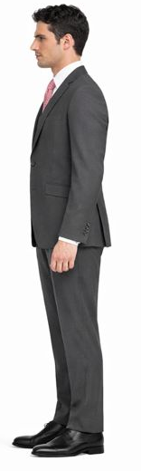 Giorgio Fiorelli charcoal/light gray two-button suit: tailored fit, single-breasted jacket, straight-leg trousers. Smooth, structured fabric with notch lapels and two front pockets. Close-fitting trousers.

