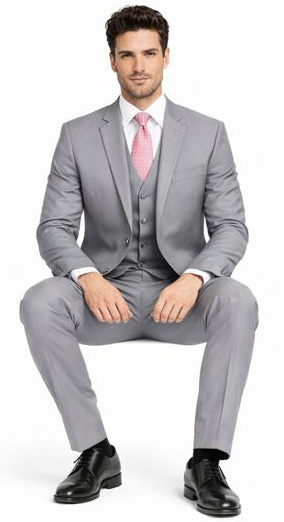Giorgio Fiorelli charcoal/light gray two-button suit: tailored fit, structured shoulders, flat-front trousers, notch lapels. Lightweight, smooth fabric. Jacket light gray, trousers charcoal.

