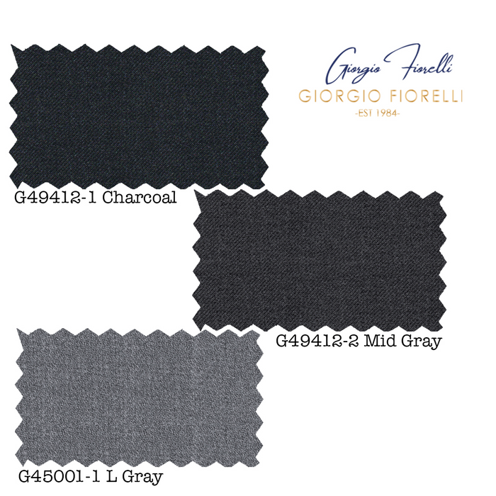 Three Giorgio Fiorelli suit fabric swatches are shown. G49412-1: textured charcoal gray. G49412-2: textured mid gray. G45001-1: light gray, softer texture. All have a consistent weave.