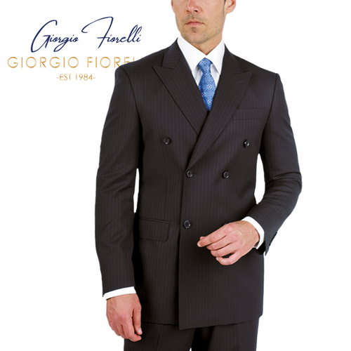 Black double-breasted suit with subtle pinstripes. Wide lapels, six buttons, tailored fit. Features two side pockets.
