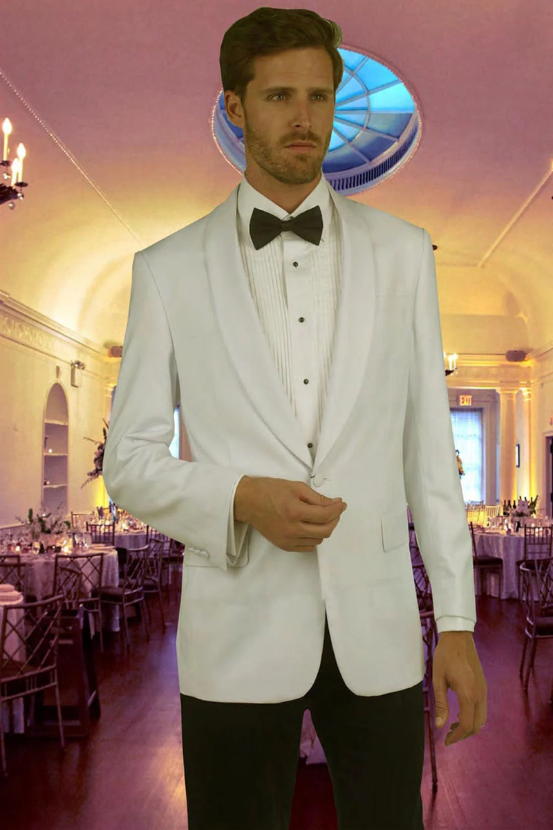 The off-white dinner jacket features a shawl lapel design, single-button closure, and two front pockets. The fabric appears smooth and lightweight, reflecting a formal appearance.
