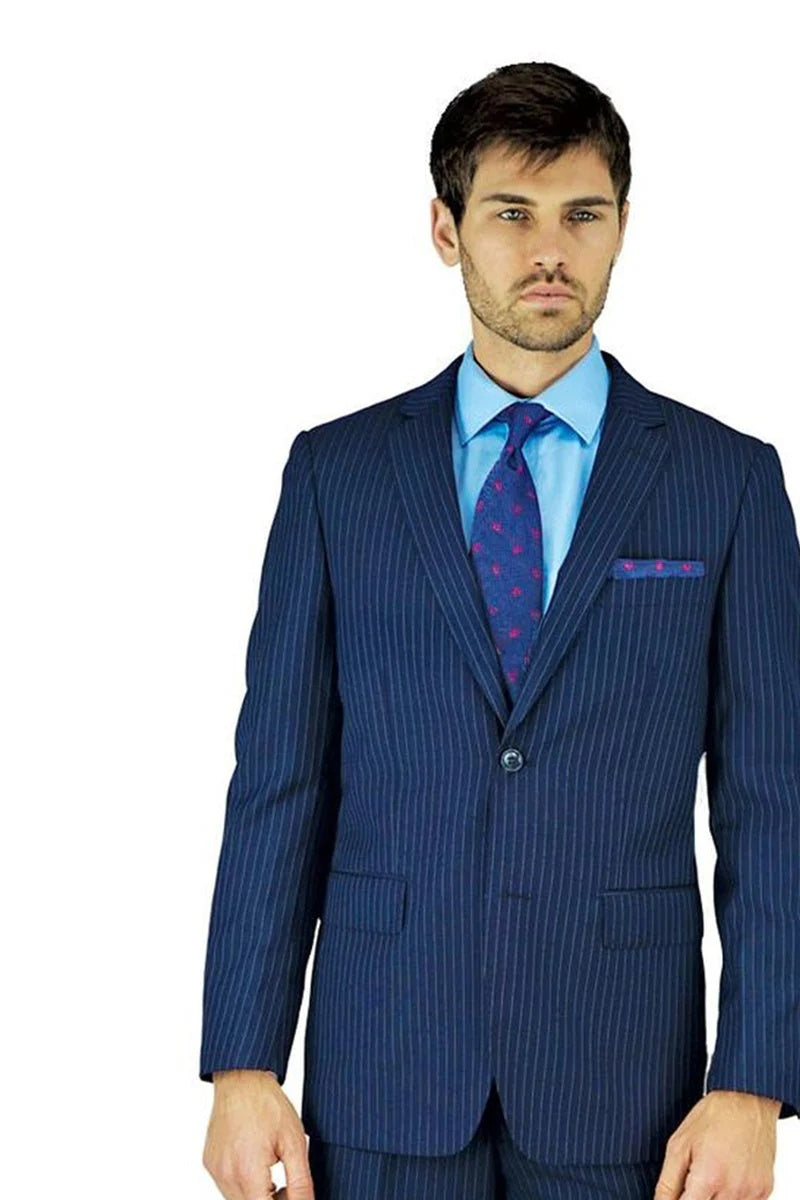 Men’s Navy Pinstripe 2 Piece Suit, Classic Formal Wedding Business Dress Suit Set
