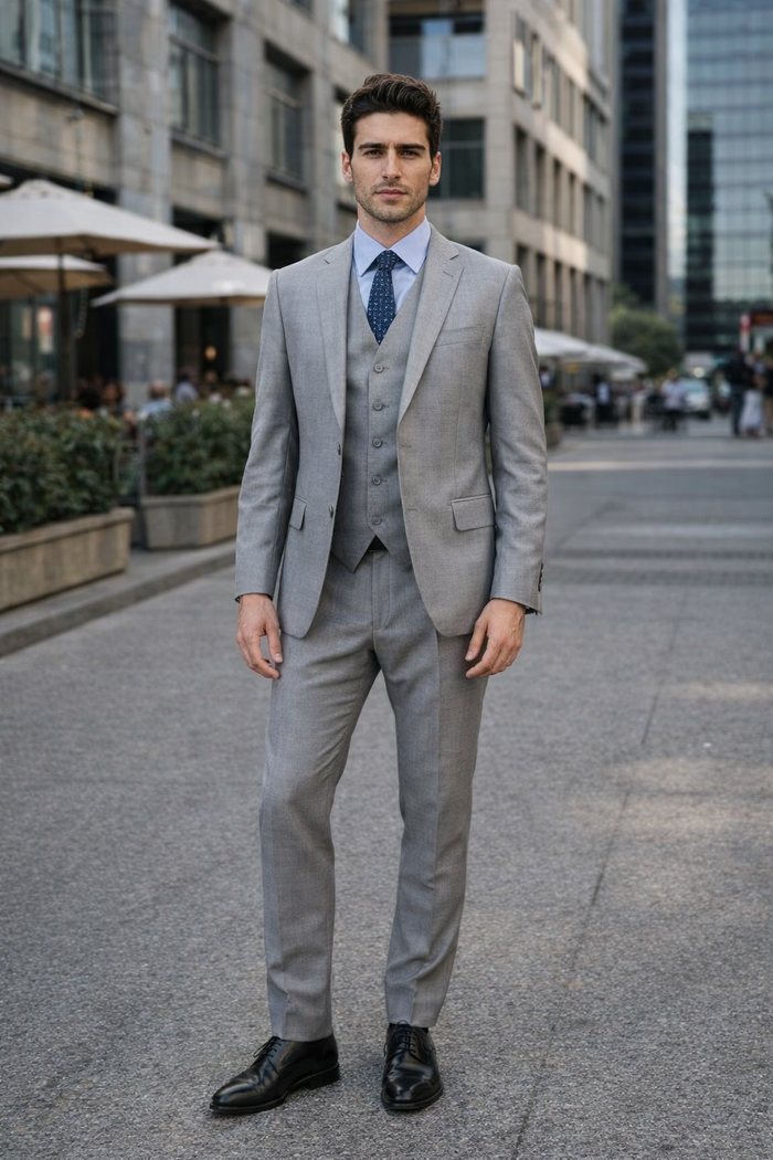 Giorgio Fiorelli grey vest by Albertonardoni. Tailored fit, v-neck, three buttons. Light grey herringbone fabric. Side pockets. Streamlined silhouette when paired with matching trousers.

