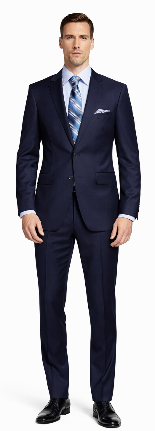 Giorgio Fiorelli navy & gray suit by Albertonardoni. Tailored fit, single-breasted blazer, flat-front trousers. Solid navy fabric, gray accents. Two front pockets, notched lapel. Streamlined, pattern-free design.
