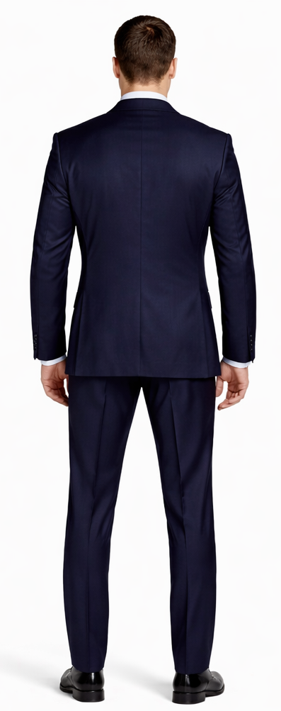 Giorgio Fiorelli navy/gray two-button suit: tailored fit, navy base with gray accents. Features a fitted jacket, straight-cut trousers. Smooth texture, structured back on the jacket.
