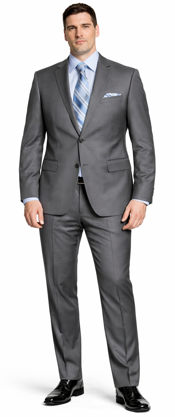 Giorgio Fiorelli navy/gray suit: two-button jacket, notched lapels, tailored fit. Flat-front trousers, straight leg. Lightweight, textured woven fabric.
