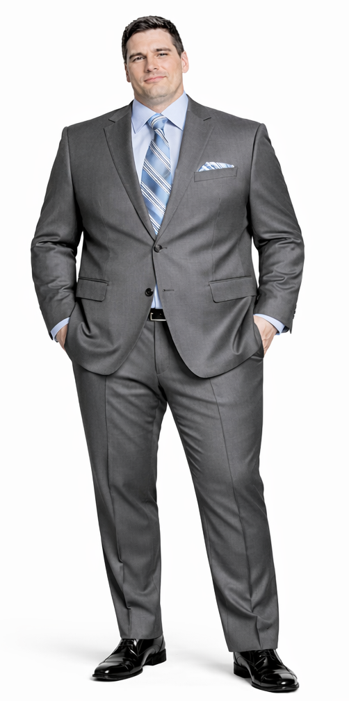 Navy and gray two-button suit with a modern cut. Features structured shoulders, straight-leg trousers, and a smooth fabric. Paired with a light blue shirt, striped tie, and matching pocket square for a polished, formal look.
