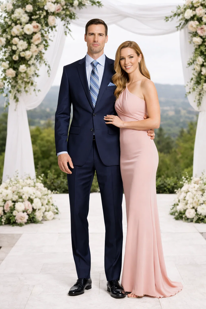 Giorgio Fiorelli navy/gray Albertonardoni two-button suit: Tailored fit, single-breasted. Navy with gray lapel/pocket accents. Straight-cut trousers. Includes light blue dress shirt, striped tie. Lightweight fabric.

