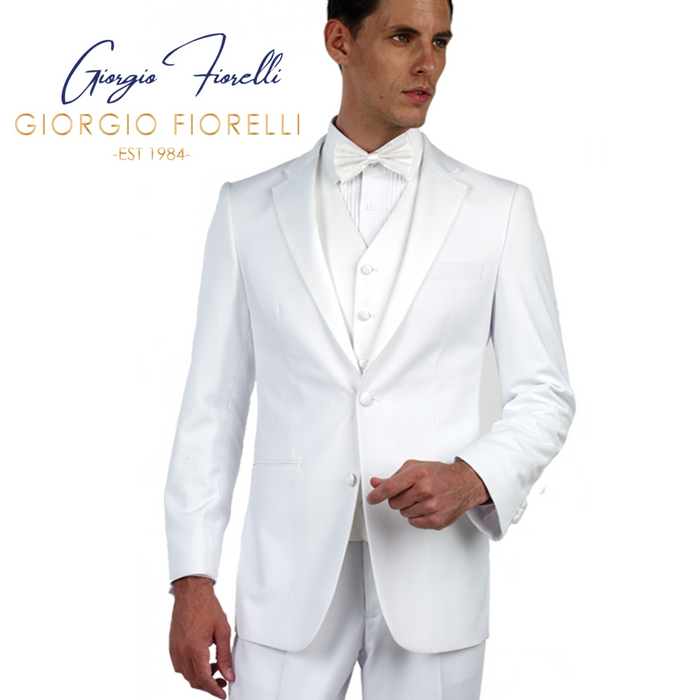 Off-white slim-fit suit. Single-breasted jacket with satin lapel & matching vest. Structured shoulders, chest pocket, smooth fabric. Tailored straight-leg trousers. Includes white bow tie & textured shirt.
