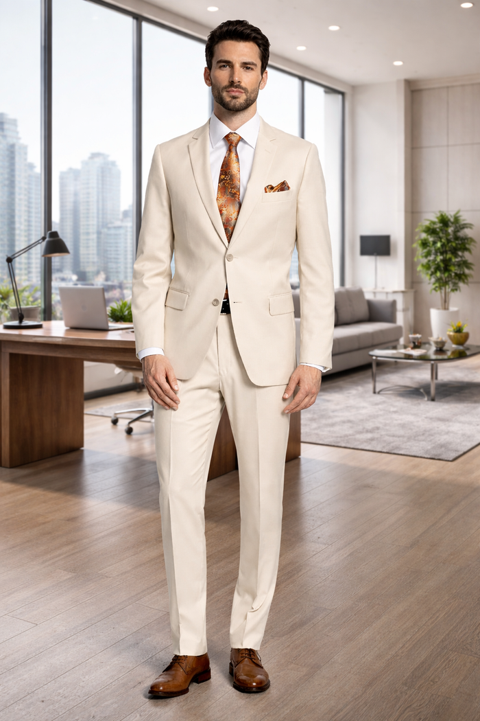 Off-white, two-piece suit. Smooth fabric. Tailored jacket with notch lapels. Slim-cut trousers. Classic and elegant design.
