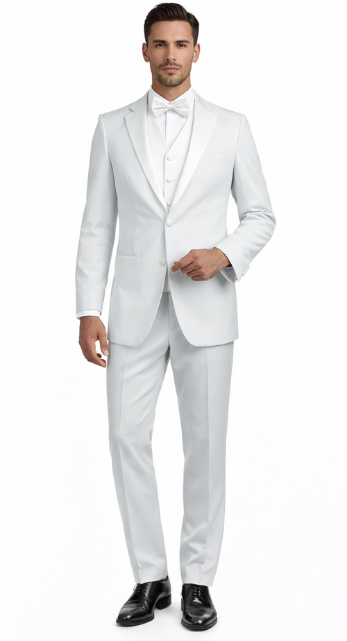 Off-white, tailored suit: single-breasted jacket (peaked lapel, pockets) & straight-leg trousers. Worn with white shirt, bow tie. Smooth, lightweight fabric. Black shoes.
