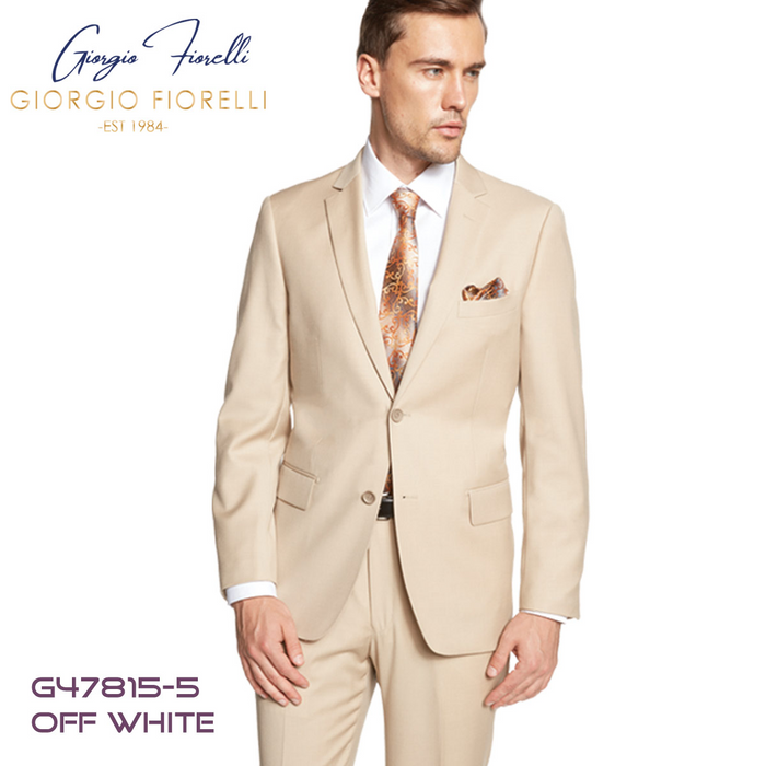 Giorgio Fiorelli off-white suit: tailored fit, notch lapel, two buttons, side pockets. Includes matching flat-front trousers and contrasting tie.
