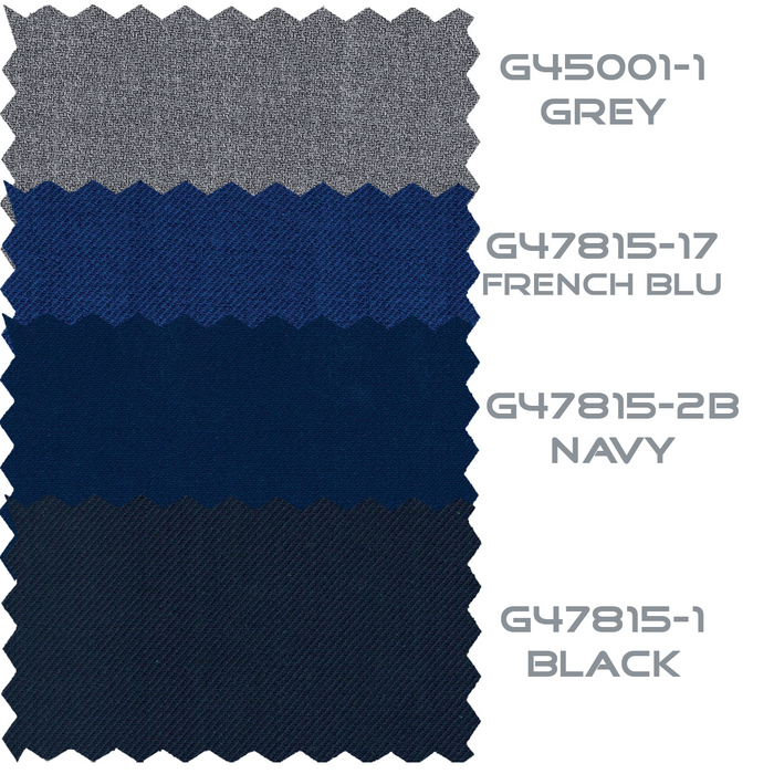 Fabric swatches in gray, French blue, navy, and black showcase textured finishes. Layered shades of blue and gray create visual depth and consistent pattern across each sample.
