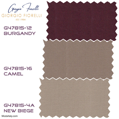 Giorgio Fiorelli two-button suit in burgundy, camel, and beige. Textured finish visible in fabric swatches. Colors are distinct, arranged top to bottom: burgundy, camel, beige. Refined weave.
