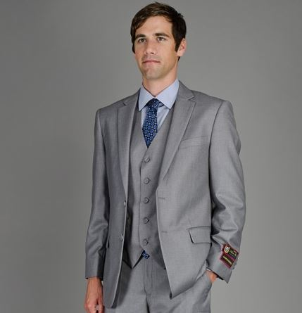 Giorgio Fiorelli vest by Albertonardoni. Light grey, tailored fit, smooth fabric with subtle sheen. Six-button closure, classic V-neck style. Part of a matching suit, structured shoulders, clean lines.
