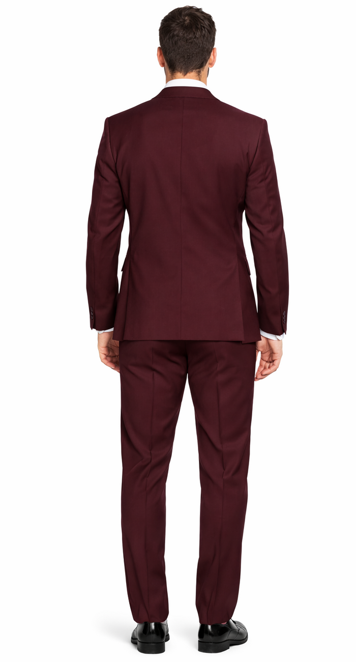 Giorgio Fiorelli burgundy two-button suit: tailored silhouette, smooth fabric, matching trousers, single back vent. Classic design, no prominent patterns. Shirt and other accessories not visible.
