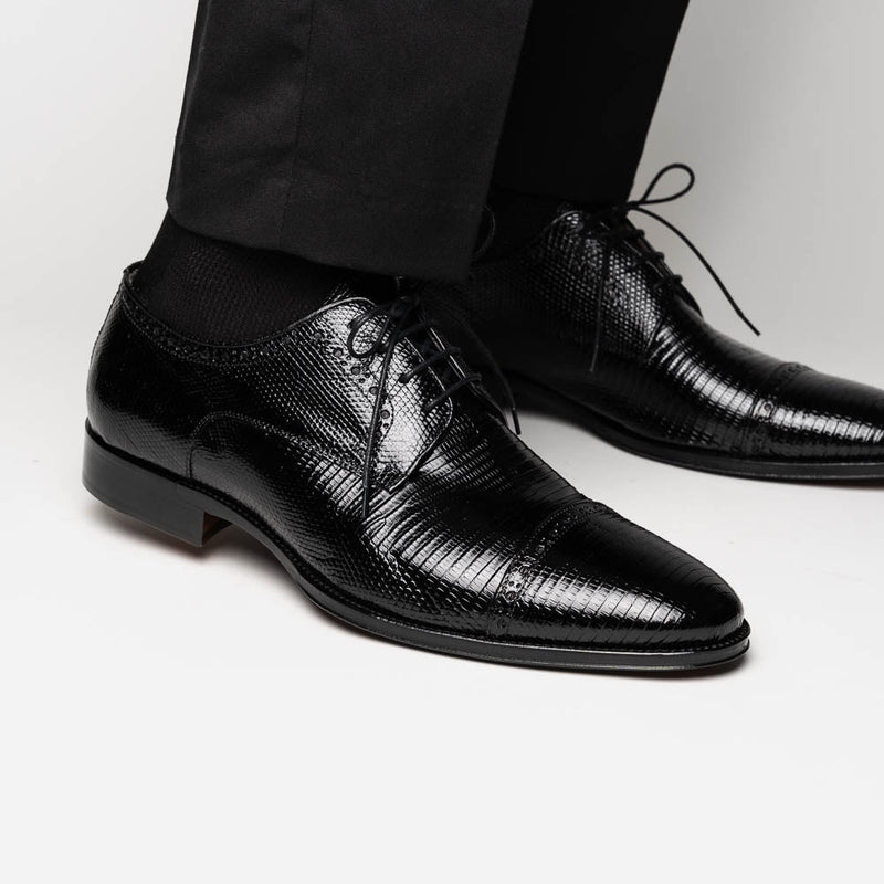 Zelli Giovanni Genuine Lizard Cap Toe Brogue Dress Shoes in Black