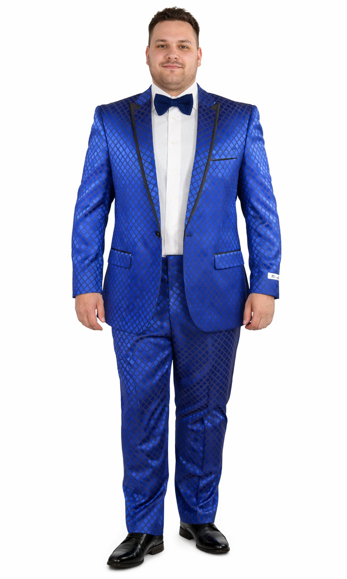 Navy checkered slim-fit tuxedo by Albertonardoni. Blue fabric with diamond check. Tailored jacket with notched lapel, side pockets, and black satin trim. Paired with matching trousers, white shirt, and black bow tie. Fitted silhouette for formal events.
