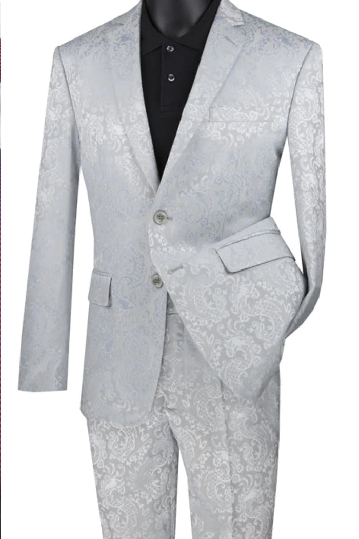 "Silver Grey Men's Slim Fit Paisley Wedding & Prom 2026 Suit"