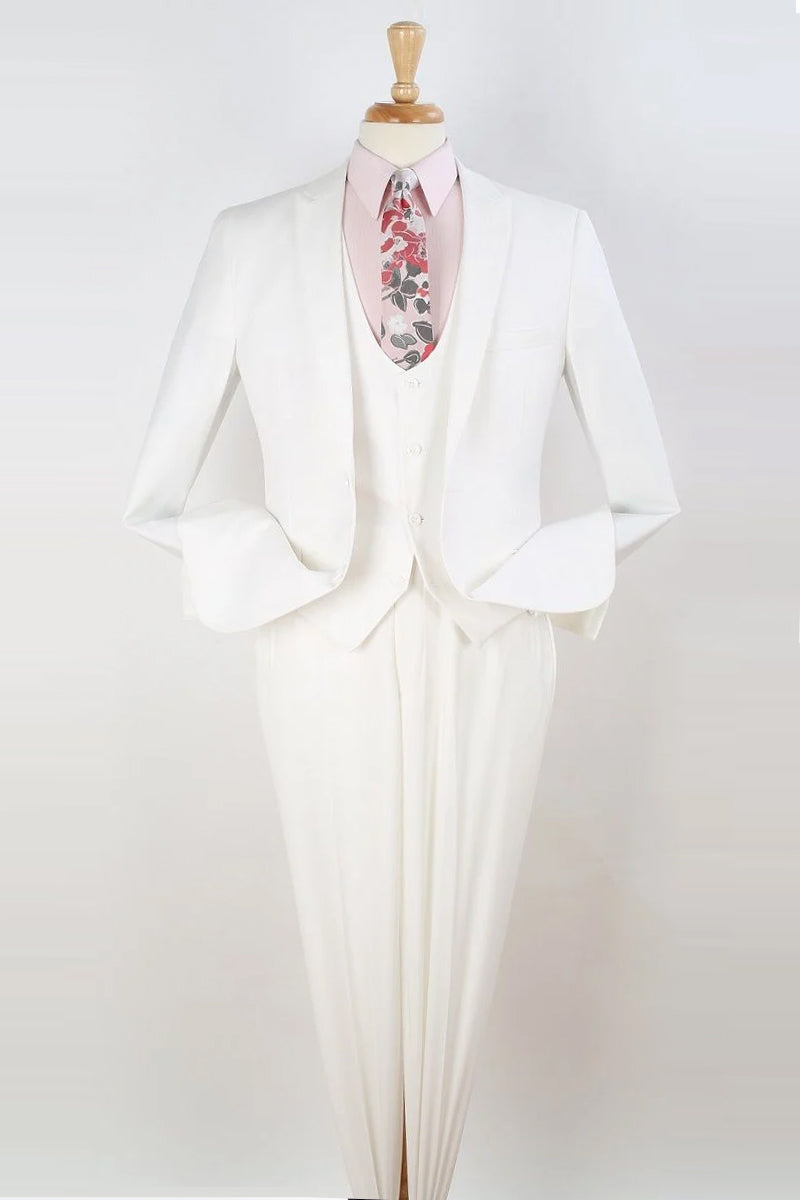Mens One Button Slim Fit Vested Peak Lapel Skinny Suit in White