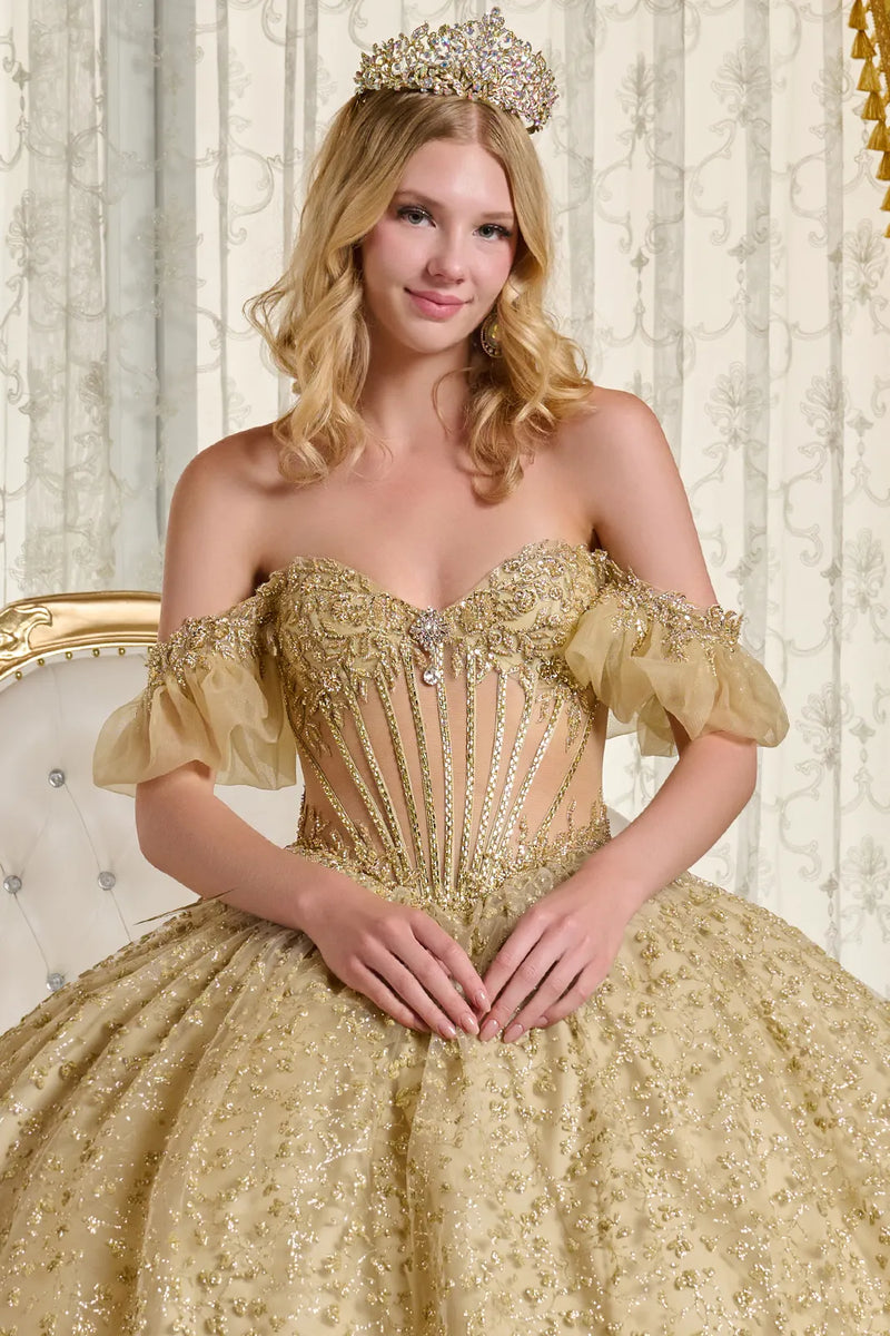 Gold Quinceanera Dress Off Shoulder Ball Gown by Elizabeth K GL3632