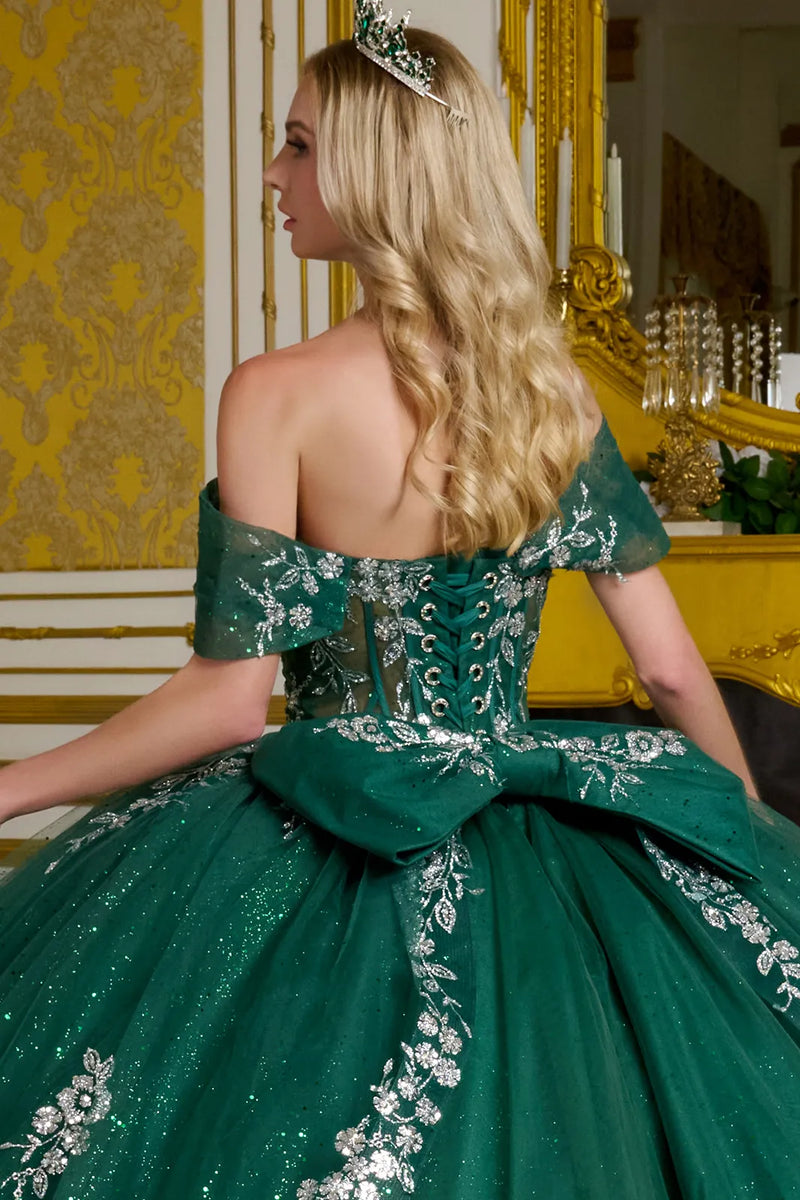 Green and Silver Quinceanera Dress Off Shoulder Ball Gown by Elizabeth K GL3636