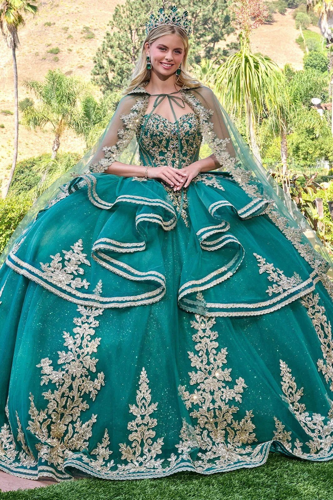 Green Strapless Sweetheart Neck Beaded Corset Ruffle-Tier Ball Gown with Cape by Elizabeth K GL3671