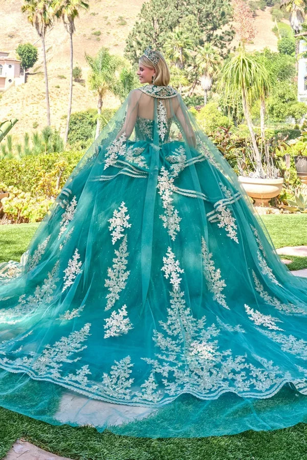 Green Strapless Sweetheart Neck Beaded Corset Ruffle-Tier Ball Gown with Cape by Elizabeth K GL3671