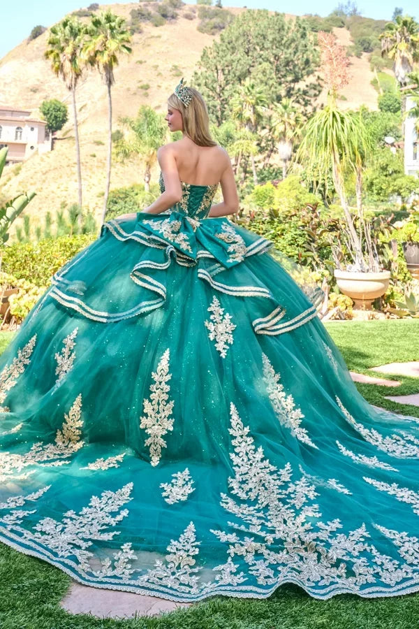 Green Strapless Sweetheart Neck Beaded Corset Ruffle-Tier Ball Gown with Cape by Elizabeth K GL3671