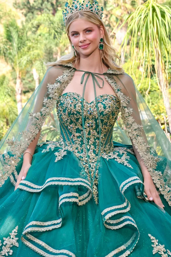 Green Strapless Sweetheart Neck Beaded Corset Ruffle-Tier Ball Gown with Cape by Elizabeth K GL3671