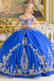 Royal Blue/Silver Off-Shoulder Sweetheart Beaded Glitter Ball Gown with Bow by Elizabeth K GL3672
