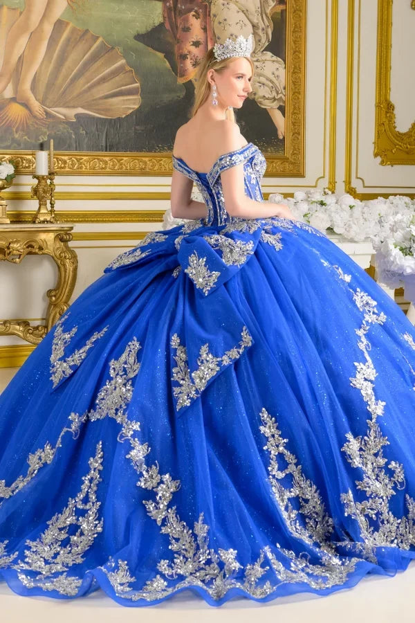 Royal Blue/Silver Off-Shoulder Sweetheart Beaded Glitter Ball Gown with Bow by Elizabeth K GL3672