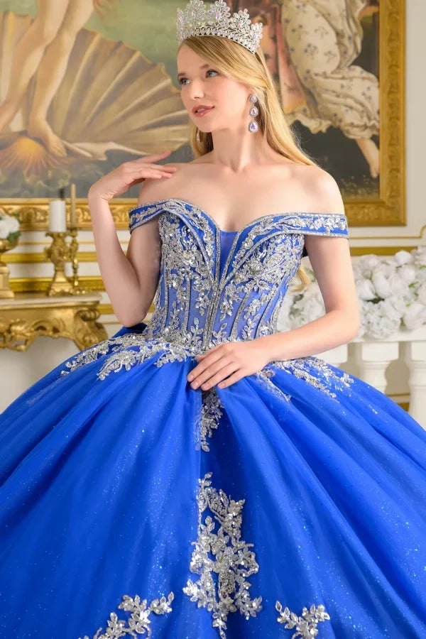 Royal Blue/Silver Off-Shoulder Sweetheart Beaded Glitter Ball Gown with Bow by Elizabeth K GL3672