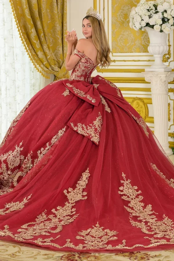 Off-Shoulder Sweetheart Beaded Lace Appliqué Ball Gown in Burgundy/Gold by Elizabeth K GL3673