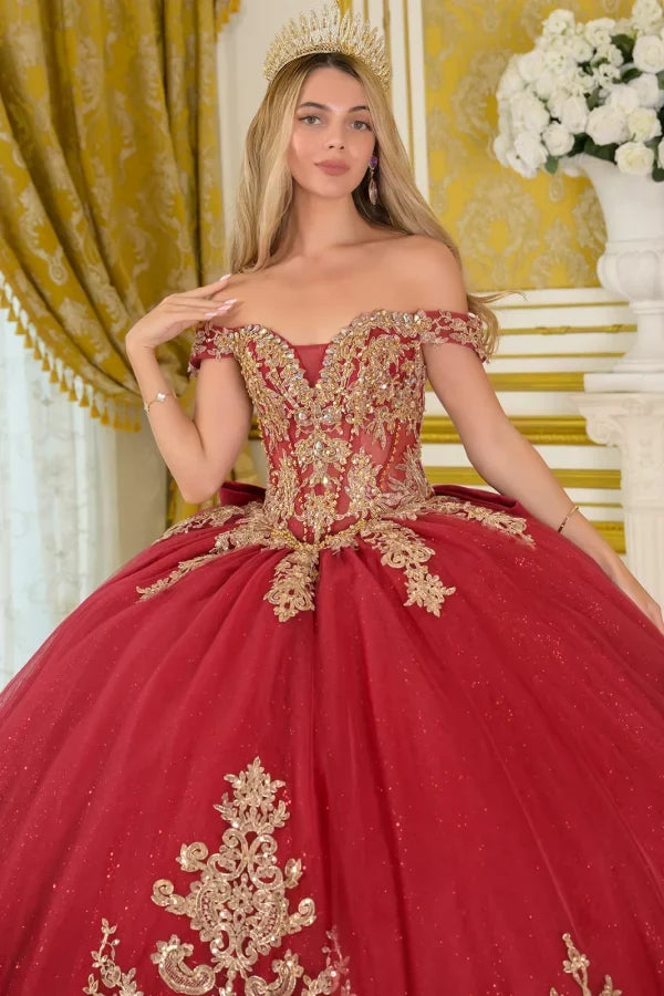 Off-Shoulder Sweetheart Beaded Lace Appliqué Ball Gown in Burgundy/Gold by Elizabeth K GL3673