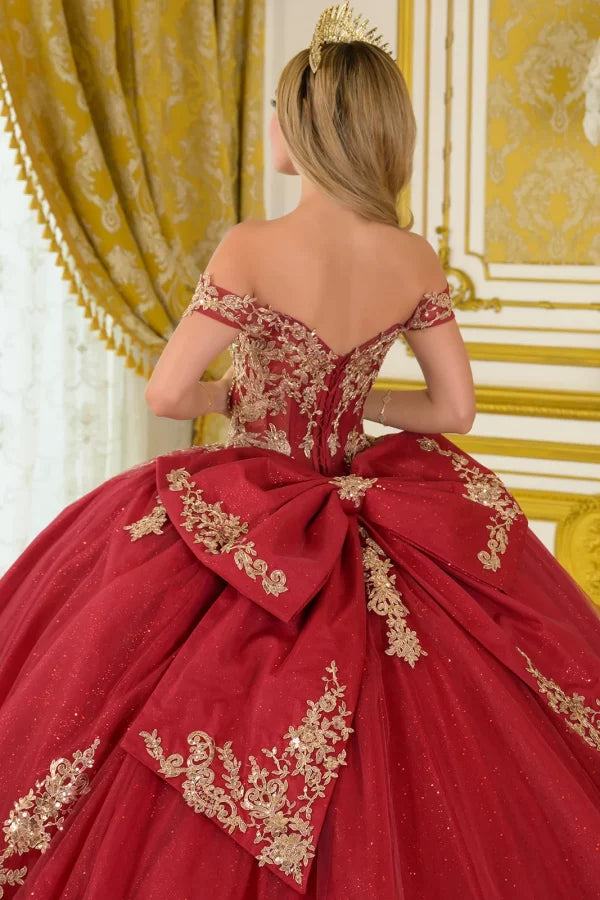 Off-Shoulder Sweetheart Beaded Lace Appliqué Ball Gown in Burgundy/Gold by Elizabeth K GL3673