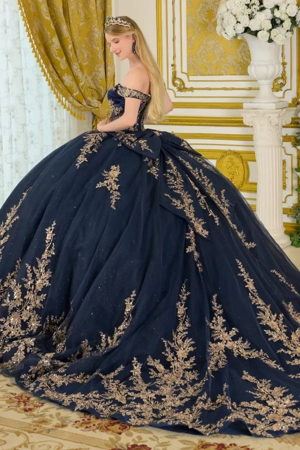 Navy/Gold Off-Shoulder V-Neck Satin Corset Lace Appliqué Ball Gown with Bow by Elizabeth K GL3674