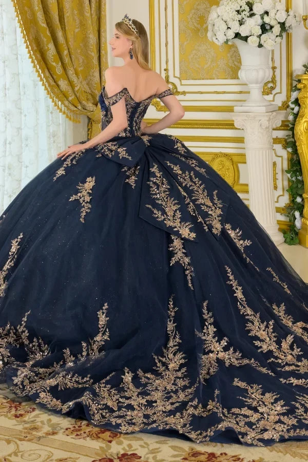 Navy/Gold Off-Shoulder V-Neck Satin Corset Lace Appliqué Ball Gown with Bow by Elizabeth K GL3674