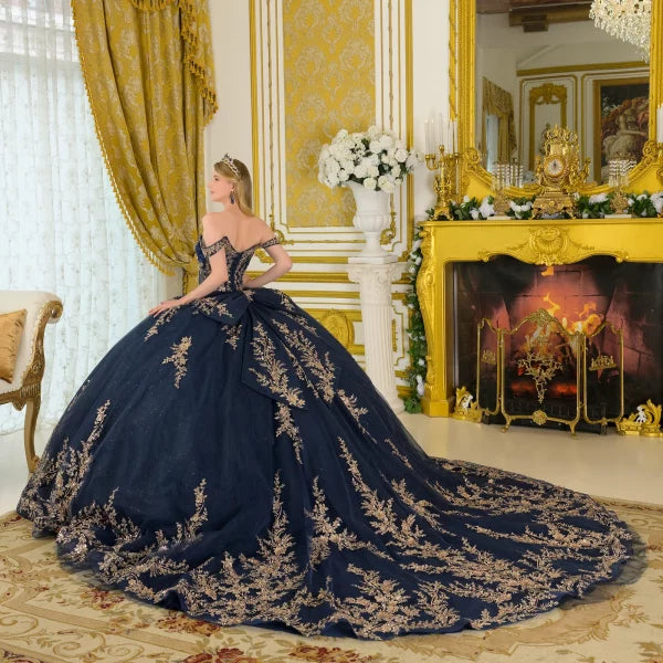 Navy/Gold Off-Shoulder V-Neck Satin Corset Lace Appliqué Ball Gown with Bow by Elizabeth K GL3674