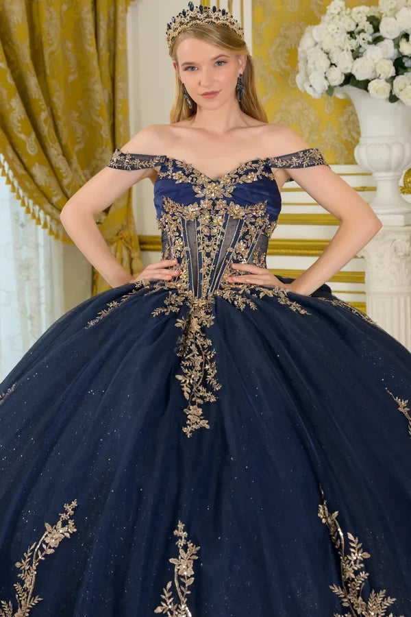 Navy/Gold Off-Shoulder V-Neck Satin Corset Lace Appliqué Ball Gown with Bow by Elizabeth K GL3674