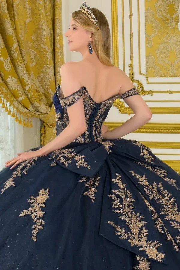 Navy/Gold Off-Shoulder V-Neck Satin Corset Lace Appliqué Ball Gown with Bow by Elizabeth K GL3674